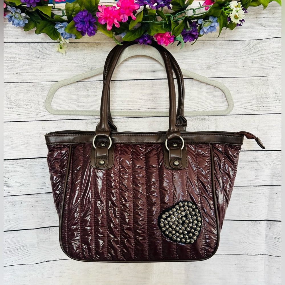 Women’s Maroon Quilted Puffer Heart Accent Zipper Shoulder Bag